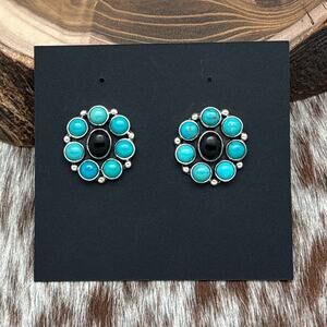 FEDERICO JIMENEZ Sterling Silver Turquoise & Onyx Cluster Flower Post Earrings